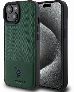 Apple iPhone 15 (6.1) Kılıf U.S. Polo Assn. Orjinal Lisanslı Suni Deri Arka Yüzey Baskı Logolu Örgü Desenli Kapak - Yeşil