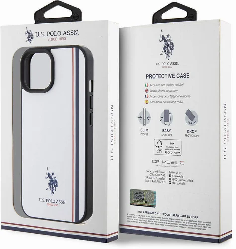 Apple iPhone 15 (6.1) Kılıf U.S. Polo Assn. Orjinal Lisanslı Üç Renk Şerit Tasarımlı Baskı Logolu Kapak - Beyaz