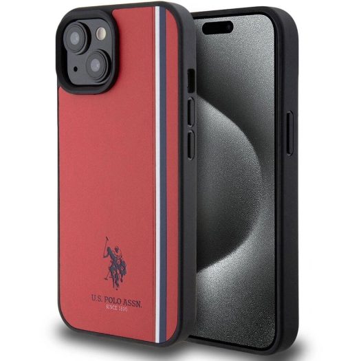 Apple iPhone 15 (6.1) Kılıf U.S. Polo Assn. Orjinal Lisanslı Üç Renk Şerit Tasarımlı Baskı Logolu Kapak - Kırmızı