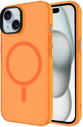 Apple iPhone 15 Plus (6.7) Kılıf Magsafe Şarj Özellikli Buzlu Transparan C-Pro Sert Kapak - Turuncu