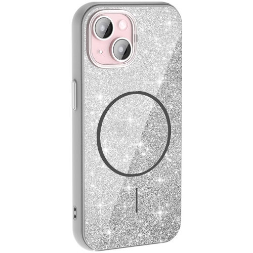 Apple iPhone 15 Plus (6.7) Kılıf Magsafe Şarj Özellikli Parlayan Simli Silikon Okso Kapak - Beyaz