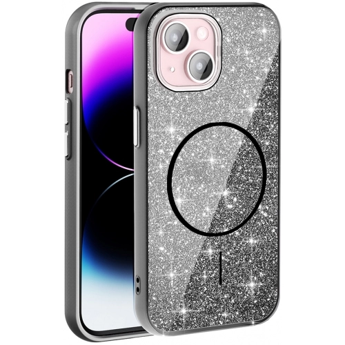 Apple iPhone 15 Plus (6.7) Kılıf Magsafe Şarj Özellikli Parlayan Simli Silikon Okso Kapak - Beyaz