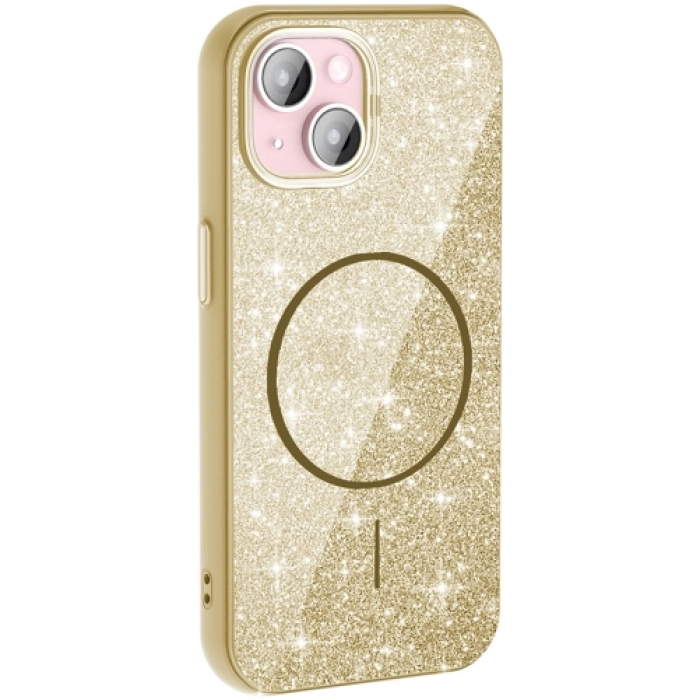 Apple iPhone 15 Plus (6.7) Kılıf Magsafe Şarj Özellikli Parlayan Simli Silikon Okso Kapak - Gold