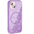 Apple iPhone 15 Plus (6.7) Kılıf Magsafe Şarj Özellikli Parlayan Simli Silikon Okso Kapak - Koyu Mor