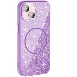 Apple iPhone 15 Plus (6.7) Kılıf Magsafe Şarj Özellikli Parlayan Simli Silikon Okso Kapak - Koyu Mor
