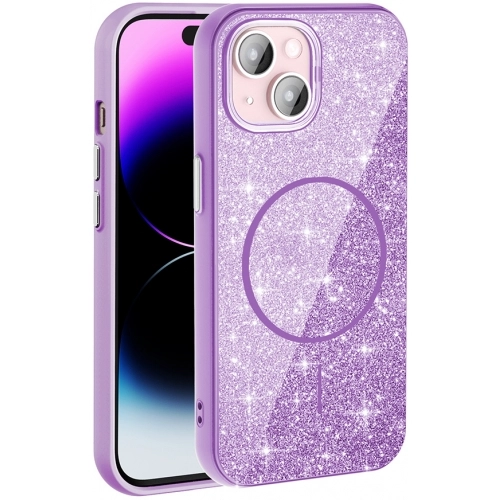 Apple iPhone 15 Plus (6.7) Kılıf Magsafe Şarj Özellikli Parlayan Simli Silikon Okso Kapak - Koyu Mor