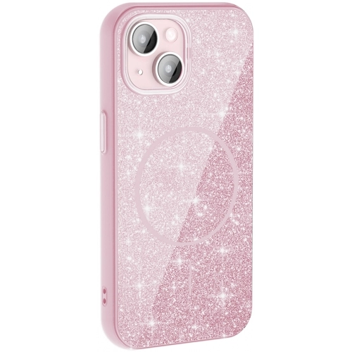 Apple iPhone 15 Plus (6.7) Kılıf Magsafe Şarj Özellikli Parlayan Simli Silikon Okso Kapak - Pembe