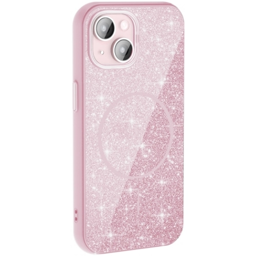 Apple iPhone 15 Plus (6.7) Kılıf Magsafe Şarj Özellikli Parlayan Simli Silikon Okso Kapak - Pembe