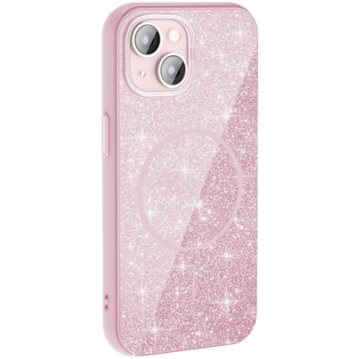 Apple iPhone 15 Plus (6.7) Kılıf Magsafe Şarj Özellikli Parlayan Simli Silikon Okso Kapak - Pembe