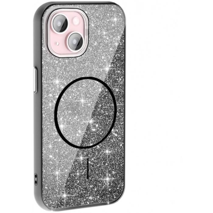 Apple iPhone 15 Plus (6.7) Kılıf Magsafe Şarj Özellikli Parlayan Simli Silikon Okso Kapak - Siyah