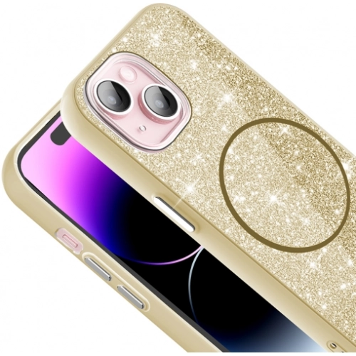 Apple iPhone 15 Plus (6.7) Kılıf Magsafe Şarj Özellikli Parlayan Simli Silikon Okso Kapak - Siyah