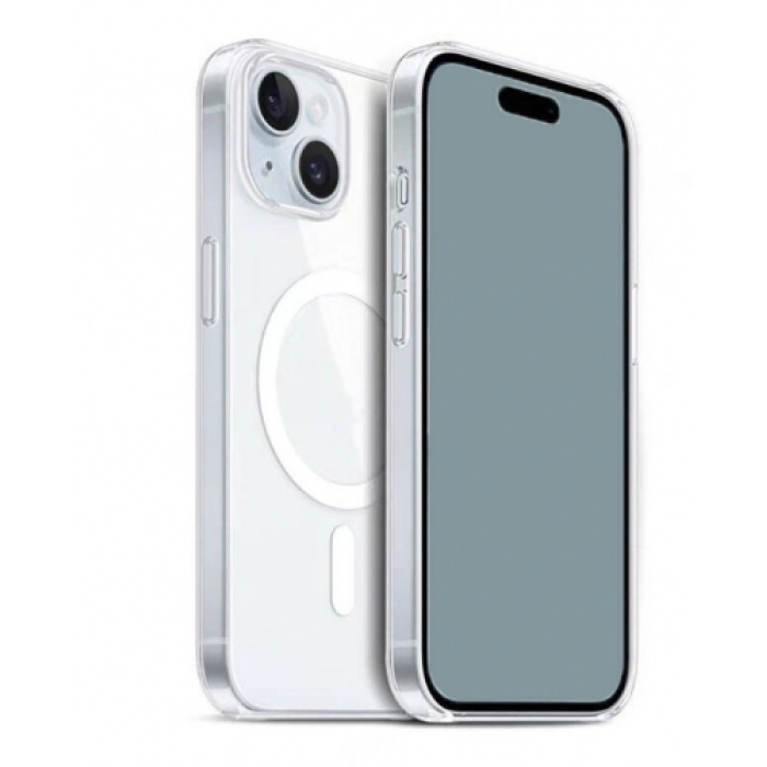 Apple iPhone 15 Plus (6.7) Kılıf Magsafe Şarj Özellikli Şeffaf Sert PC Embos Kapak - Şeffaf