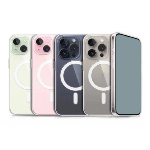 Apple iPhone 15 Plus (6.7) Kılıf Magsafe Şarj Özellikli Şeffaf Sert PC Embos Kapak - Şeffaf