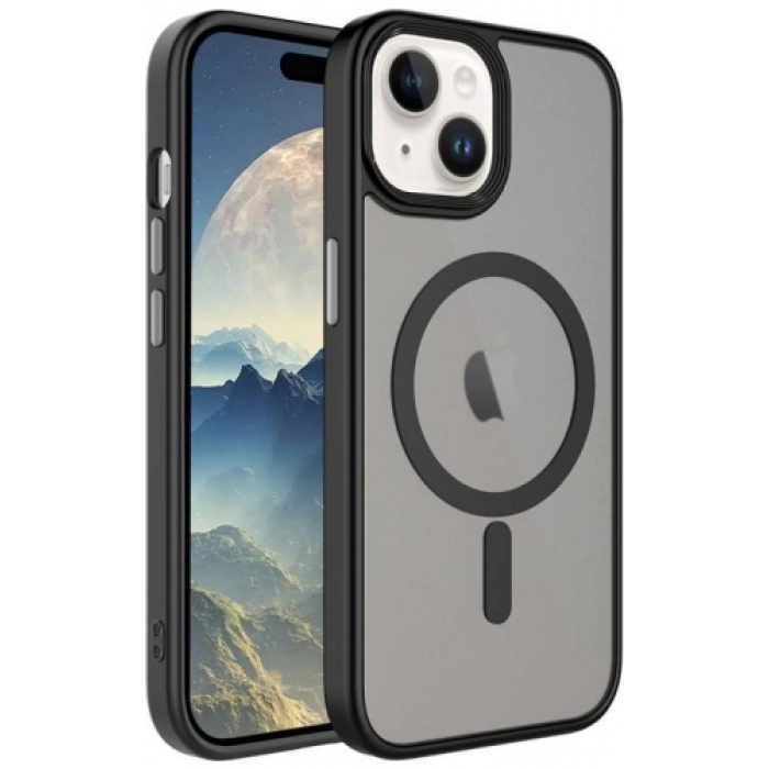 Apple iPhone 15 Plus (6.7) Kılıf Mat Arka Yüzey Wireless Şarj Özellikli Flet Magsafe Kapak - Siyah