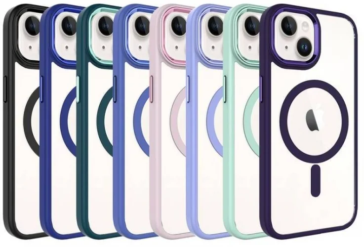 Apple iPhone 15 Plus (6.7) Kılıf Wireless Şarj Özellikli Zore Krom Magsafe Silikon Kapak - Mavi