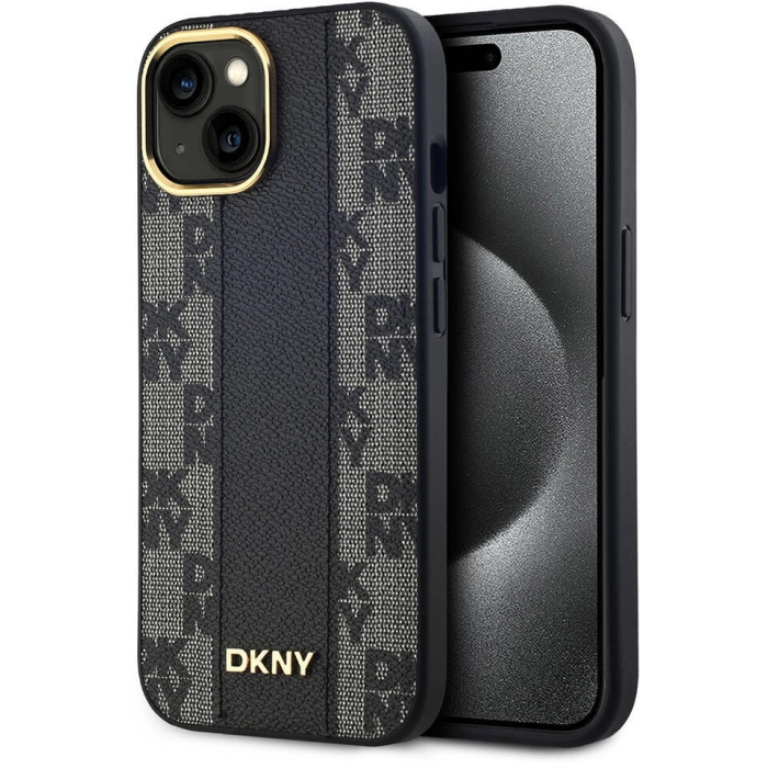 Apple iPhone 15 Plus (6.7) Kılıf DKNY Orjinal Lisanslı Magsafe Şarj Özellikli 3D Yazılı Checkered Pattern Kapak - Siyah