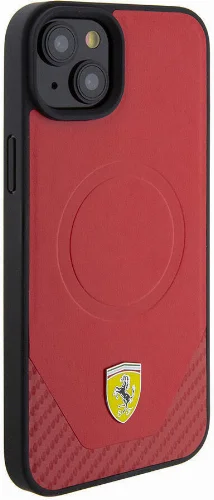 Apple iPhone 15 Plus Kılıf Ferrari Orjinal Lisanslı Magsafe Şarj Özellikli Metal Logolu PU Karbon Kapak - Kırmızı