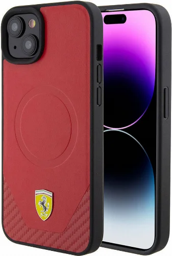 Apple iPhone 15 Plus Kılıf Ferrari Orjinal Lisanslı Magsafe Şarj Özellikli Metal Logolu PU Karbon Kapak - Kırmızı