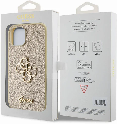 Apple iPhone 15 Plus Kılıf Guess Orjinal Lisanslı 4G Büyük Metal Logolu Glitter Kapak - Gold