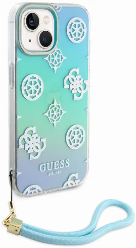 Apple iPhone 15 Plus Kılıf Guess Orjinal Lisanslı Desenli Yazı Logolu Askı İpli Holografik Glitter Peony Kapak - Mor