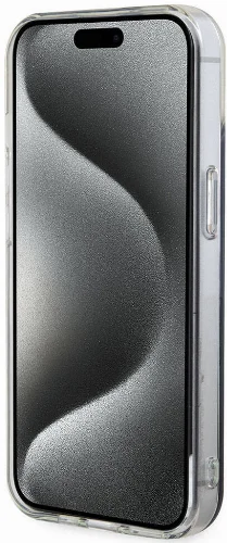 Apple iPhone 15 Plus Kılıf Guess Orjinal Lisanslı Magsafe Şarj Özellikli Yazı Logolu Iridescent Kapak - Siyah