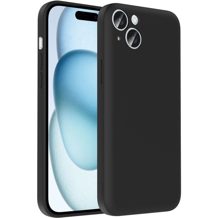 Apple iPhone 15 Plus (6.7) Kılıf İçi Kadife Dokulu Kartlık Hazneli Mat Vitra Silikon Kapak - Siyah