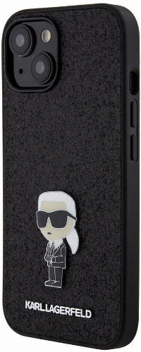 Apple iPhone 15 Plus Kılıf Karl Lagerfeld İkonik Fixed Glitter Metal Logo Orjinal Lisanslı Kapak - Siyah