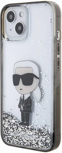 Apple iPhone 15 Plus Kılıf Karl Lagerfeld İkonik Sıvılı Glitter Orjinal Lisanslı Kapak - Şeffaf