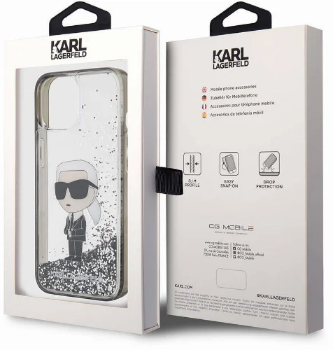 Apple iPhone 15 Plus Kılıf Karl Lagerfeld İkonik Sıvılı Glitter Orjinal Lisanslı Kapak - Şeffaf