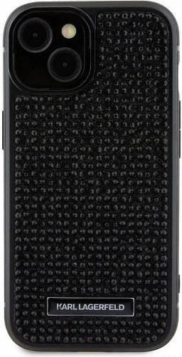 Apple iPhone 15 Plus Kılıf Karl Lagerfeld Taşlı Metal Logo Orjinal Lisanslı Kapak - Siyah