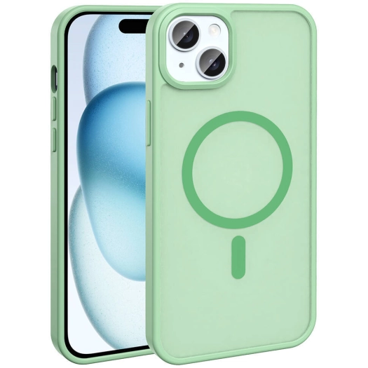 Apple iPhone 15 Plus (6.7) Kılıf Magsafe Şarj Özellikli Renkli Mat Arka Yüzey Sio Kapak - Açık Yeşil