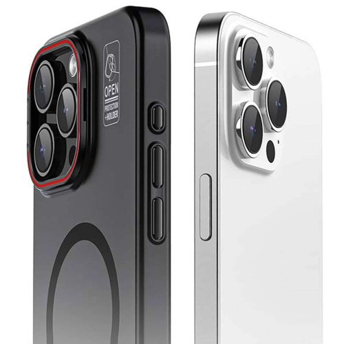 Apple iPhone 15 Plus (6.7) Kılıf Magsafe Şarj Özellikli Standlı Metal Kamera Çerçeveli Mat Recci Glaze Serisi Kapak - Siyah