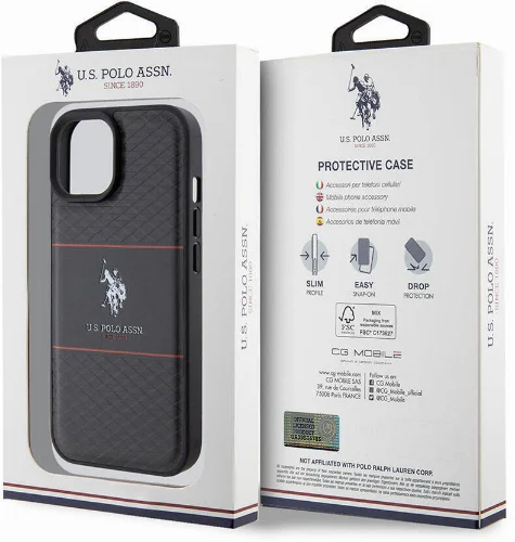 Apple iPhone 15 Plus Kılıf U.S. Polo Assn. Orjinal Lisanslı Deri Şeritli Logo Dizayn Kapak - Siyah