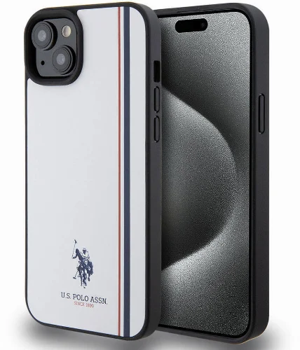 Apple iPhone 15 Plus Kılıf U.S. Polo Assn. Orjinal Lisanslı Üç Renk Şerit Tasarımlı Baskı Logolu Kapak - Beyaz