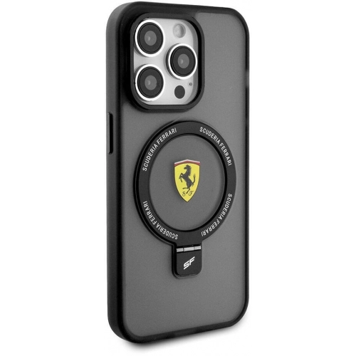 Apple iPhone 15 Pro (6.1) Kılıf Ferrari Magsafe Şarj Özellikli Standlı Buzlu Yüzey Dizayn Kapak - Siyah