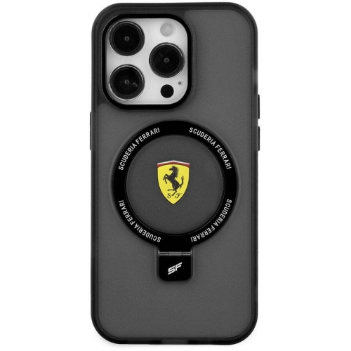 Apple iPhone 15 Pro (6.1) Kılıf Ferrari Magsafe Şarj Özellikli Standlı Buzlu Yüzey Dizayn Kapak - Siyah
