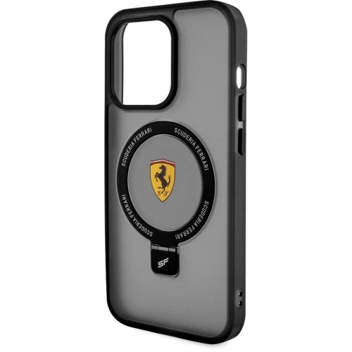 Apple iPhone 15 Pro (6.1) Kılıf Ferrari Magsafe Şarj Özellikli Standlı Buzlu Yüzey Dizayn Kapak - Siyah