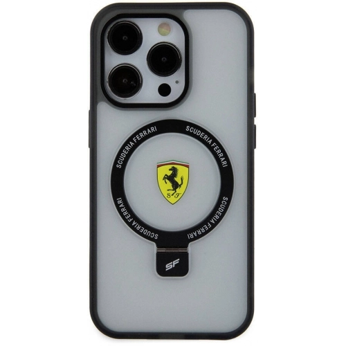 Apple iPhone 15 Pro (6.1) Kılıf Ferrari Magsafe Şarj Özellikli Standlı Buzlu Yüzey Dizayn Kapak - Siyah