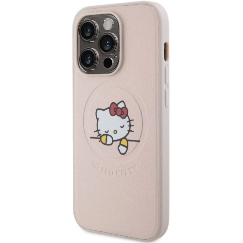 Apple iPhone 15 Pro (6.1) Kılıf Hello Kitty Orjinal Lisanslı Magsafe Şarj Özellikli Baskı Logolu Uyuyan Kitty Deri Kapak - Gümüş