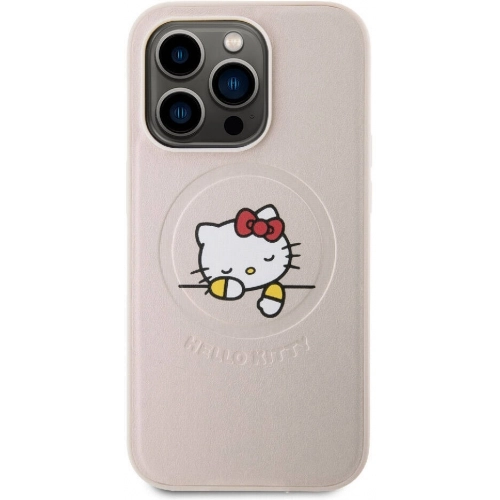 Apple iPhone 15 Pro (6.1) Kılıf Hello Kitty Orjinal Lisanslı Magsafe Şarj Özellikli Baskı Logolu Uyuyan Kitty Deri Kapak - Gümüş