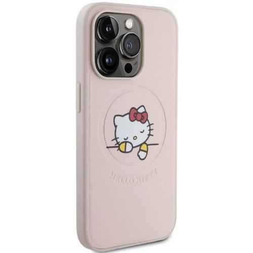 Apple iPhone 15 Pro (6.1) Kılıf Hello Kitty Orjinal Lisanslı Magsafe Şarj Özellikli Baskı Logolu Uyuyan Kitty Deri Kapak - Gümüş