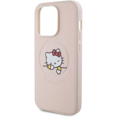 Apple iPhone 15 Pro (6.1) Kılıf Hello Kitty Orjinal Lisanslı Magsafe Şarj Özellikli Baskı Logolu Uyuyan Kitty Deri Kapak - Gümüş