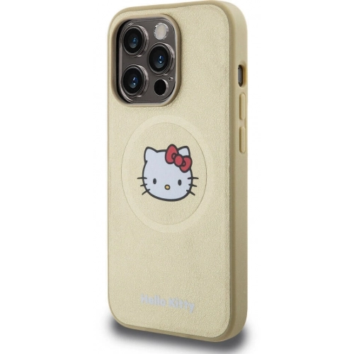 Apple iPhone 15 Pro (6.1) Kılıf Hello Kitty Orjinal Lisanslı Magsafe Şarj Özellikli Kitty Head Deri Kapak - Gold