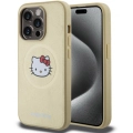 Apple iPhone 15 Pro (6.1) Kılıf Hello Kitty Orjinal Lisanslı Magsafe Şarj Özellikli Kitty Head Deri Kapak - Gold