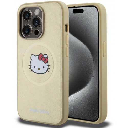 Apple iPhone 15 Pro (6.1) Kılıf Hello Kitty Orjinal Lisanslı Magsafe Şarj Özellikli Kitty Head Deri Kapak - Gold