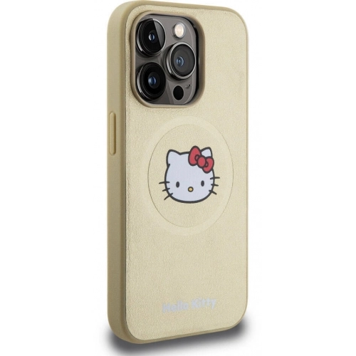 Apple iPhone 15 Pro (6.1) Kılıf Hello Kitty Orjinal Lisanslı Magsafe Şarj Özellikli Kitty Head Deri Kapak - Gold