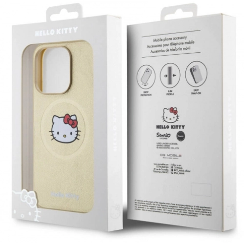 Apple iPhone 15 Pro (6.1) Kılıf Hello Kitty Orjinal Lisanslı Magsafe Şarj Özellikli Kitty Head Deri Kapak - Gold