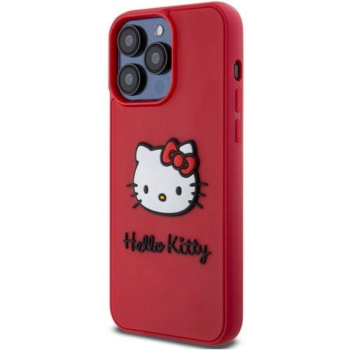 Apple iPhone 15 Pro (6.1) Kılıf Hello Kitty Orjinal Lisanslı Yazı ve İkonik Logolu 3D Rubber Kitty Head Kapak - Kırmızı