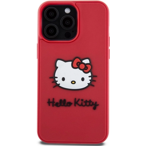 Apple iPhone 15 Pro (6.1) Kılıf Hello Kitty Orjinal Lisanslı Yazı ve İkonik Logolu 3D Rubber Kitty Head Kapak - Kırmızı