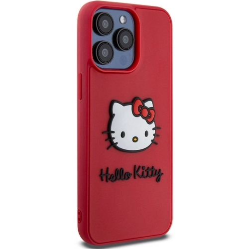 Apple iPhone 15 Pro (6.1) Kılıf Hello Kitty Orjinal Lisanslı Yazı ve İkonik Logolu 3D Rubber Kitty Head Kapak - Kırmızı